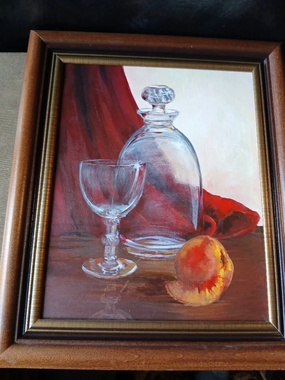 Vintage Still Life Oil Painting, Glass Decanter with Peach, BarCore
